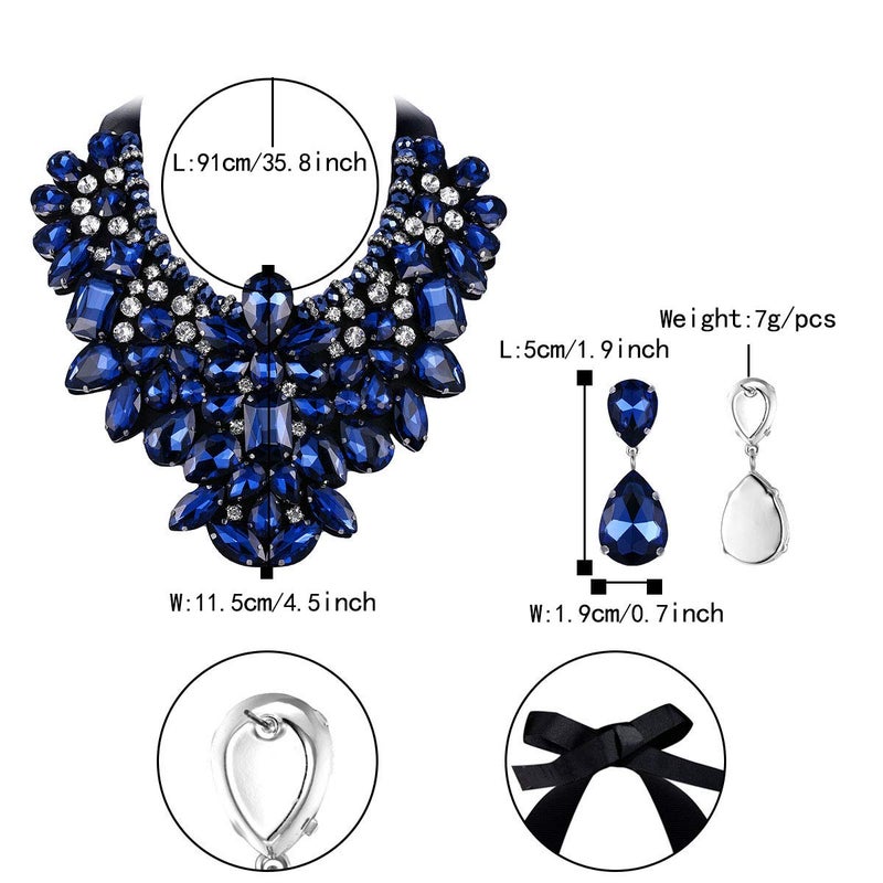 Flyonce Costume Jewelry for Women, Rhinestone Crystal Statement Necklace Earrings Set Dark Blue - Image 4